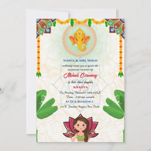 Indiase Bruid Mehndi Ceremonie Ganesha  Bananenboo Kaart (Voorkant)