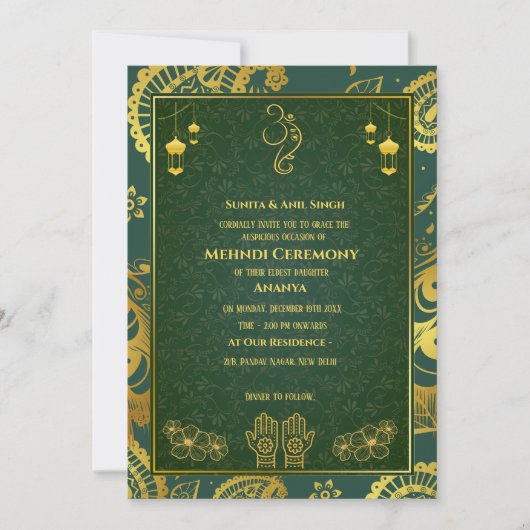 Indiase Bruid Mehndi Ceremonie Gouden Ontwerp Kaart (Voorkant)