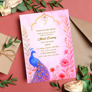 Indiase Bruid Mehndi Ceremonie Pauw Bloemstuk Kaart
