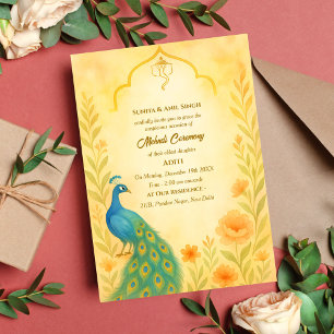 Indiase Bruid Mehndi Ceremonie Pauw Bloemstuk Kaart