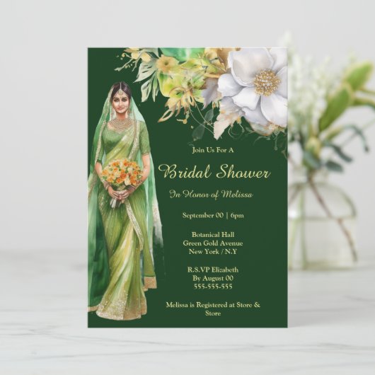 Indiase bruid wordt groen gouden bloemen botanisch kaart (Staand voorkant)