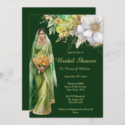 Indiase bruid wordt groen gouden bloemen botanisch kaart (Voorkant / Achterkant)