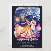 Indiase bruiloft dansen paar vuurwerk opslaan datu kaart (Voorkant)