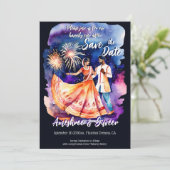 Indiase bruiloft dansen paar vuurwerk opslaan datu kaart (Staand voorkant)