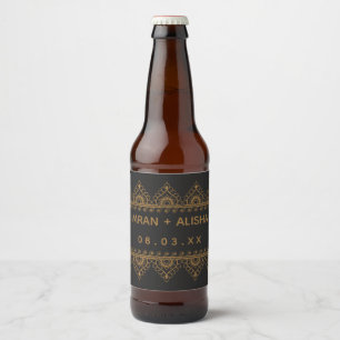 Indiase bruiloft goud henna paisley zwart bier etiket