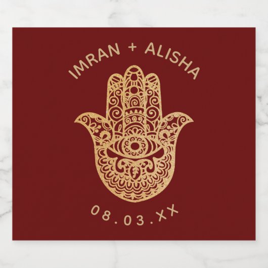 Indiase bruiloft Gouden hamsa Henna bordeaux Sparkling Wijnetiket (Enkel label)