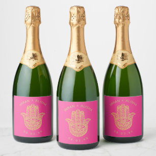 Indiase bruiloft gouden hamsa henna fuchsia roze sparkling wijnetiket