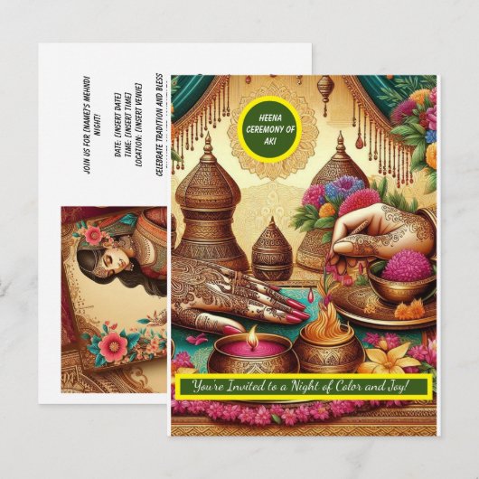 Indiase bruiloft henna ceremonie uitnodigingen (Voorkant / Achterkant)