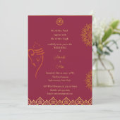 Indiase bruiloft kastanje en gouden uitnodiging (Staand voorkant)