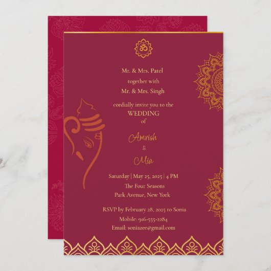 Indiase bruiloft kastanje en gouden uitnodiging (Voorkant / Achterkant)