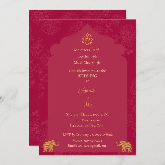 Indiase bruiloft kastanje en gouden uitnodiging (Voorkant / Achterkant)