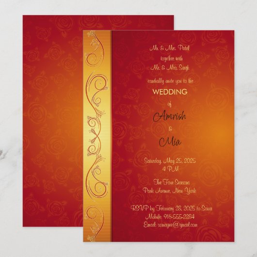 Indiase bruiloft kastanje en gouden uitnodiging (Voorkant / Achterkant)