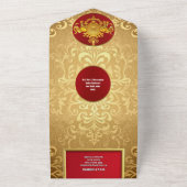 Indiase bruiloft kastanjebruin gouden damast olifa all in one uitnodiging (Buitenkant)