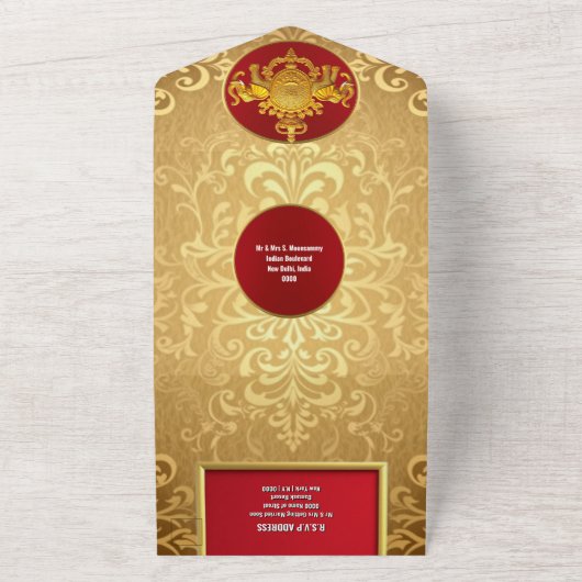 Indiase bruiloft kastanjebruin gouden damast olifa all in one uitnodiging (Buitenkant)