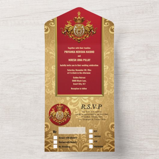 Indiase bruiloft kastanjebruin gouden damast olifa all in one uitnodiging (Binnen)
