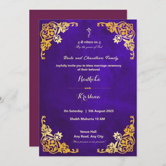 Indiase bruiloft koninklijke blauwe hindoe uitnodi kaart (Voorkant / Achterkant)