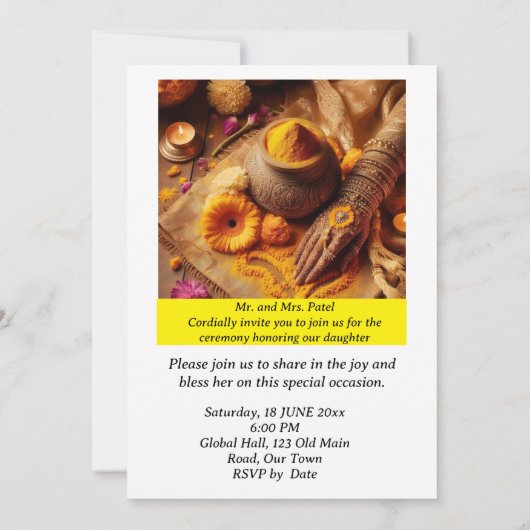 Indiase bruiloft kurkuma ceremonie uitnodiging (Achterkant)