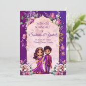 Indiase bruiloft Mehndi paarse schattig bruidspaar Kaart (Staand voorkant)