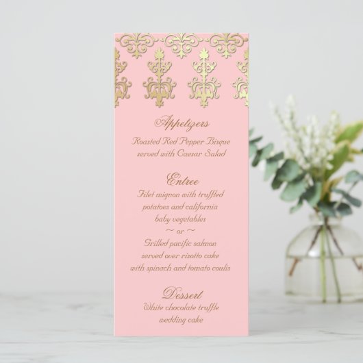 Indiase bruiloft Menu Kaarten Baby Roze Goud Damas (Staand voorkant)