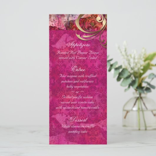 Indiase bruiloft menu Kaarten roze gouden Damask (Staand voorkant)