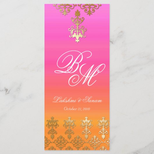 Indiase bruiloft Menu Kaarten Roze Sinaasappel Gou (Achterkant)