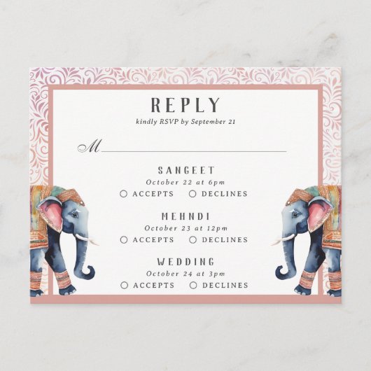 Indiase bruiloft olifant Multi Event RSVP Reactie Briefkaart (Voorkant)