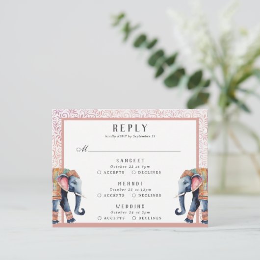 Indiase bruiloft olifant Multi Event RSVP Reactie Briefkaart (Staand voorkant)
