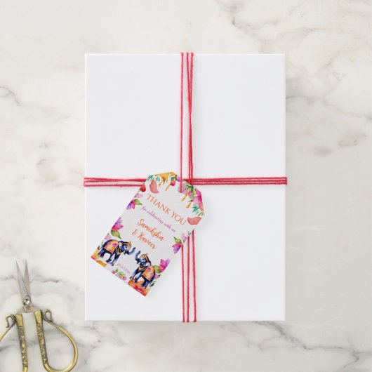 Indiase bruiloft olifanten cerise bloemen dank u cadeaulabel (Met Touw)