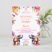 Indiase bruiloft olifanten cerise bloemen sjabloon kaart (Staand voorkant)