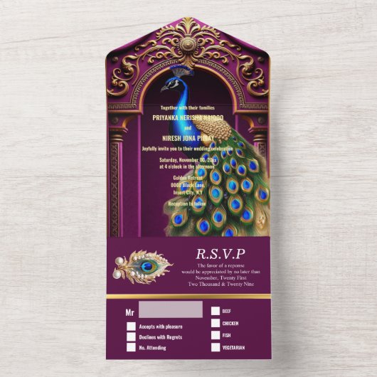 Indiase bruiloft pruim goud pauw veren paisley all in one uitnodiging (Binnen)