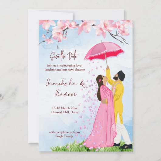 Indiase bruiloft red het date paar met paraplu kaart (Voorkant)