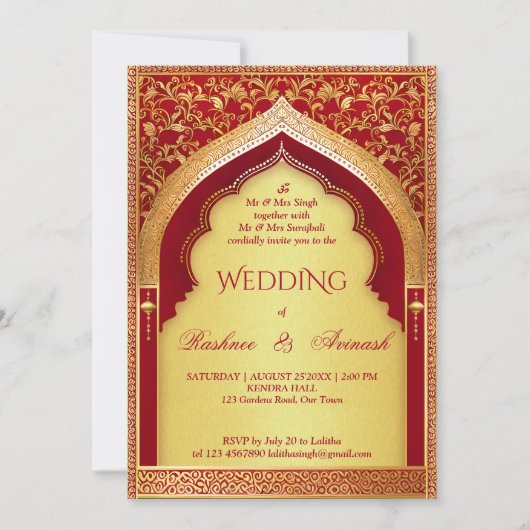 Indiase bruiloft rood en gouden boog kaart (Voorkant)