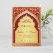 Indiase bruiloft rood en gouden  boog kaart (Staand voorkant)