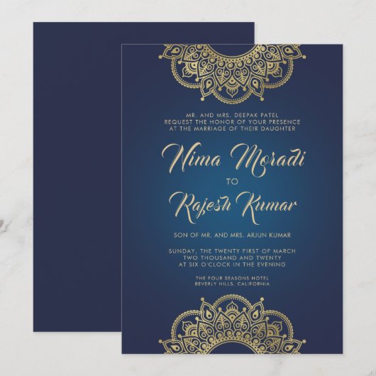 Indiase bruiloft uitnodiging, blauw, goud, mandala kaart (Voorkant / Achterkant)