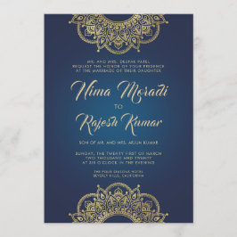 Indiase bruiloft uitnodiging, blauw, goud, mandala kaart