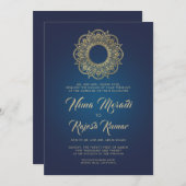Indiase bruiloft uitnodiging, blauw, goud, mandala kaart (Voorkant / Achterkant)