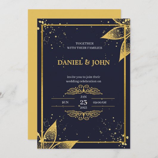 Indiase bruiloft uitnodiging: donkerblauw en goud kaart (Voorkant / Achterkant)