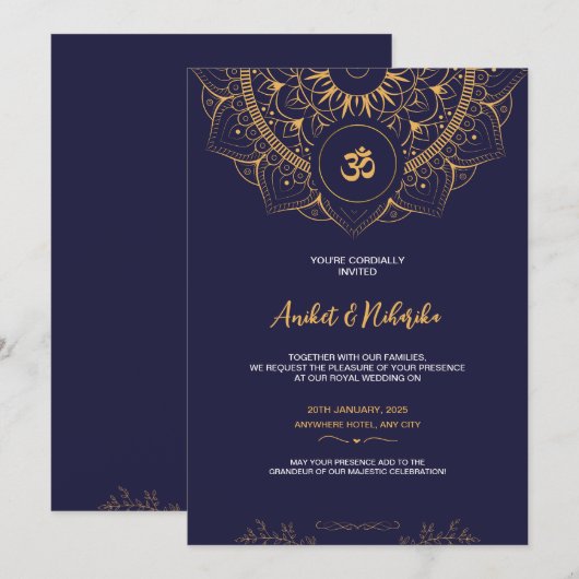 Indiase bruiloft uitnodiging met Elegant Blauw & G (Voorkant / Achterkant)