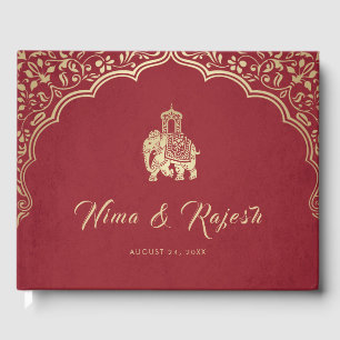 Indiase bruiloft uitnodiging, rood, goud, ganesha gastenboek