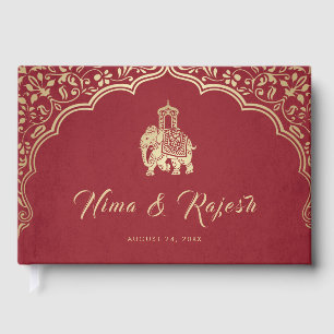Indiase bruiloft uitnodiging, rood, goud, ganesha gastenboek