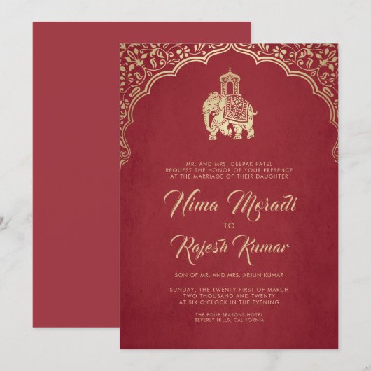 Indiase bruiloft uitnodiging, rood, goud, ganesha kaart (Voorkant / Achterkant)