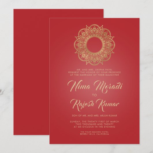 Indiase bruiloft uitnodiging, rood goud, mandala kaart (Voorkant / Achterkant)