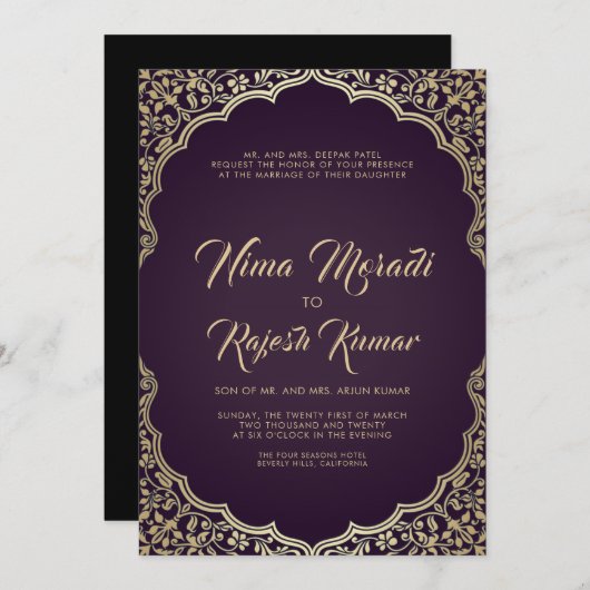 Indiase bruiloft uitnodiging, zwart, goud Lijst Kaart (Voorkant / Achterkant)