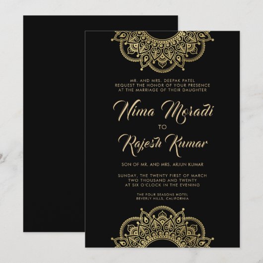 Indiase bruiloft uitnodiging, zwart, goud, mandala kaart (Voorkant / Achterkant)