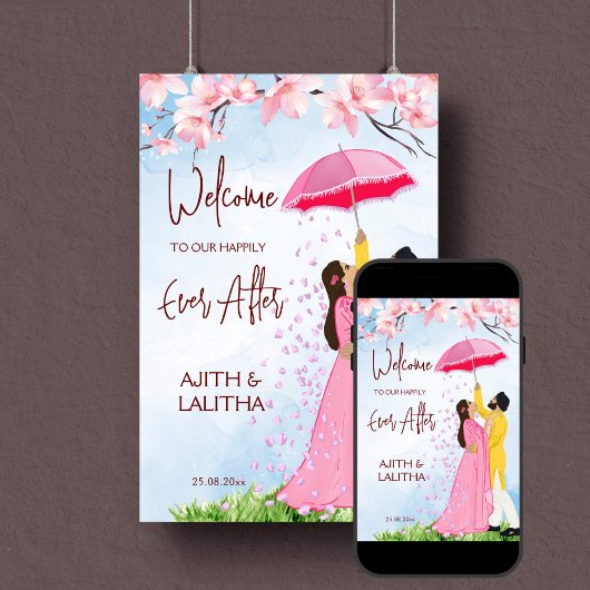 Indiase bruiloft welkom teken paar met paraplu poster