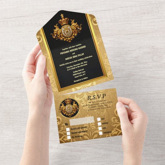 Indiase bruiloft zwart goud damast olifanten luxe all in one uitnodiging (Afscheurbaar)