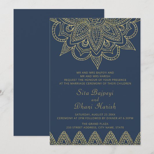 Indiase Elegante Marine Gouden Mehndi Hindoe bruil Kaart (Voorkant / Achterkant)