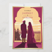 Indiase Etnische Magenta Anand Karaj Sikh Bruiloft Kaart (Voorkant)