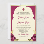 Indiase Etnische Magenta Anand Karaj Sikh Bruiloft Kaart (Achterkant)