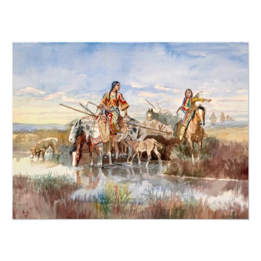 Indiase familie met Travois door Charles M. Russel Foto Afdruk (Voorkant)